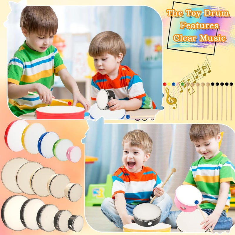 Norcoin 15 Set Hand Drums 12 Inch 10 Inch 8 Inch 6 Inch 4 Inch Wood Frame Drum Set with Drum Sticks Percussion Instruments for Kids Adults Beginners Home School Party Gifts, 5 Size 3 Colors - Image 5